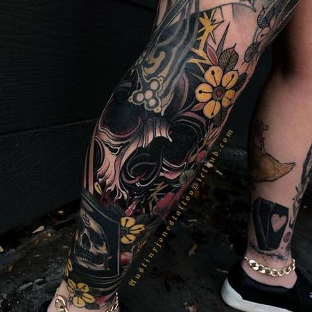 Austin Jones - Dark Neo Traditional Skull and Flowers Tattoo